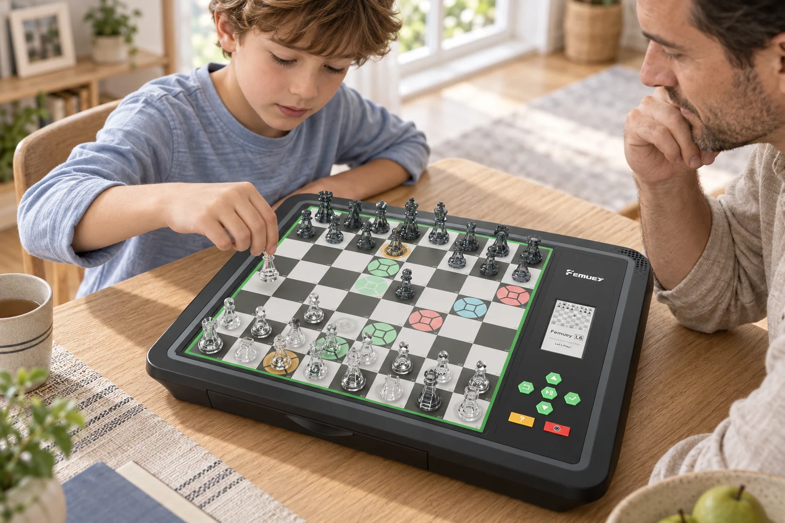AI feature scene of a parent and child practising together on the FEMUEY L6 Pro with physical pieces and move lights.