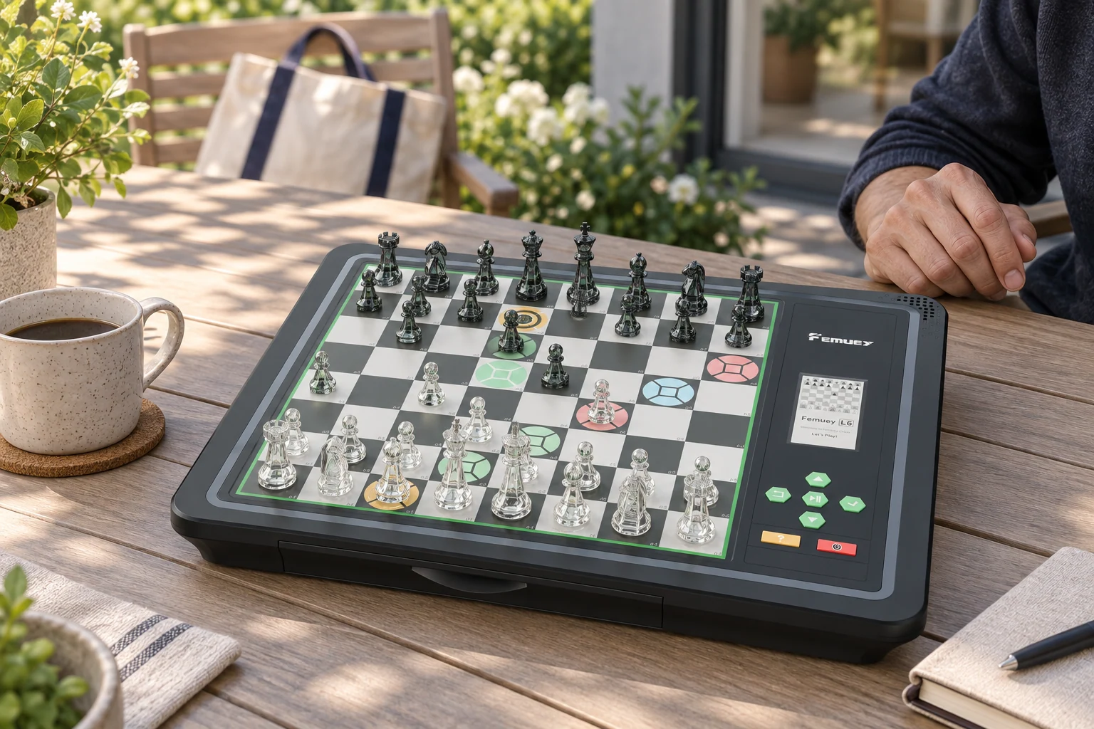 AI feature scene of the FEMUEY L6 Pro set up for an outdoor chess session on a sheltered terrace.