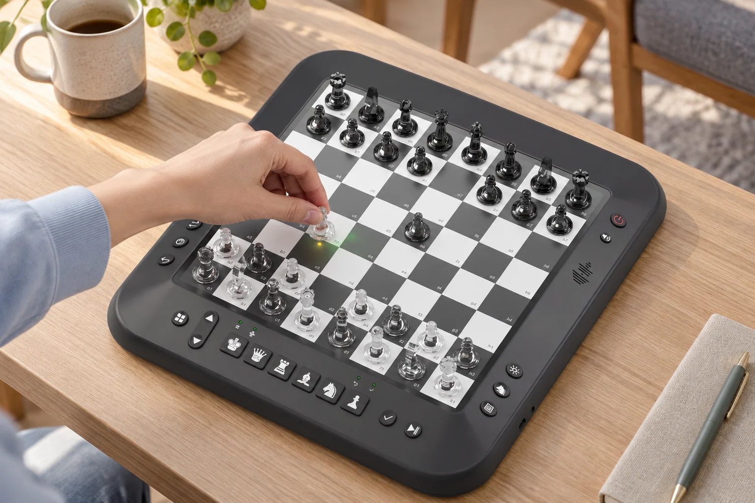 AI feature scene showing a close view of physical pieces and illuminated move guidance on the screen-free FEMUEY P6.