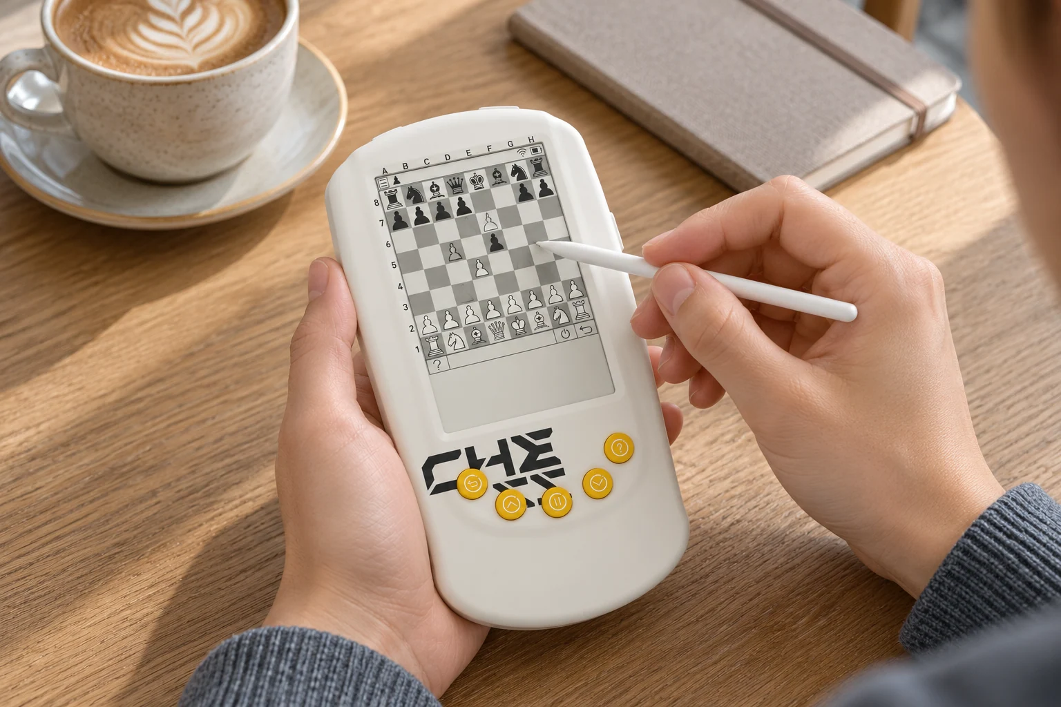 AI feature scene of a player holding the FEMUEY Y2 and using its stylus over a café table for a short puzzle break; screen content is illustrative.