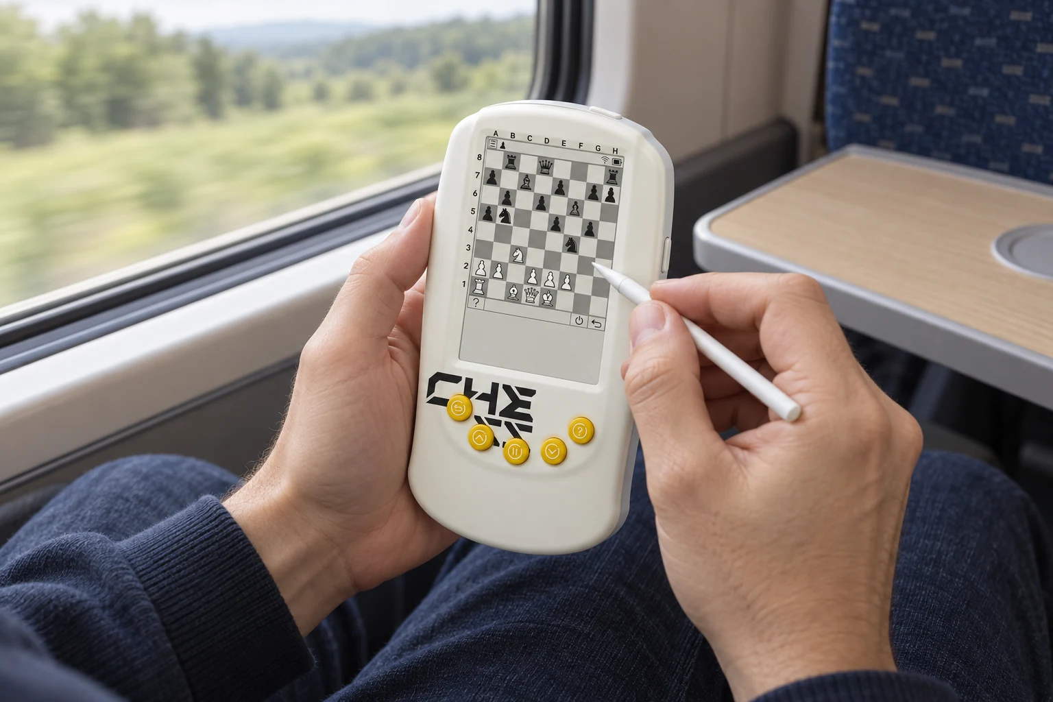 AI feature scene of a traveller using the handheld FEMUEY Y2 beside a train window.